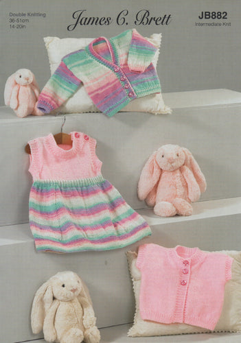 James Brett Double Knitting Pattern - Baby Dress,Waistcoat & Cardigan (JB882)