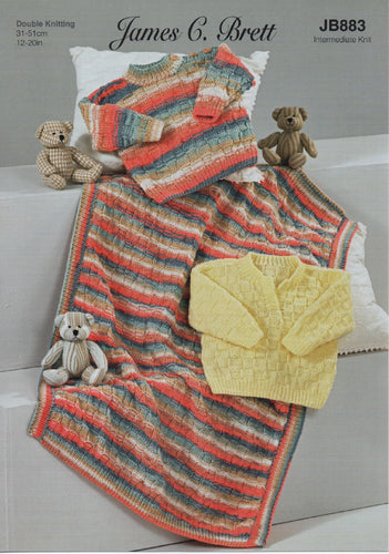 James Brett DK Knitting Pattern - Baby Sweaters & Blanket (JB883)