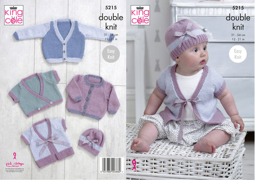 King Cole Double Knitting Pattern - Baby Cardigans Coat & Hat (5215)