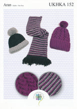 Load image into Gallery viewer, Aran Knitting Pattern for Ladies Hats &amp; Tweed Scarf (UKHKA 152)
