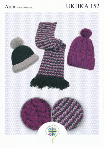 Aran Knitting Pattern for Ladies Hats & Tweed Scarf (UKHKA 152)