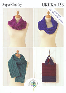 Super Chunky Knitting Pattern for Ladies Scarf Bag & Snoods (UKHKA 156)
