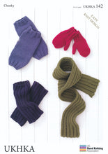 Load image into Gallery viewer, Aran Yarn Knitting Pattern for Kids Mittens Leg Warmers &amp; Scarf (UKHKA 142)