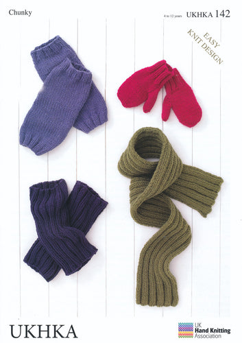 Aran Yarn Knitting Pattern for Kids Mittens Leg Warmers & Scarf (UKHKA 142)