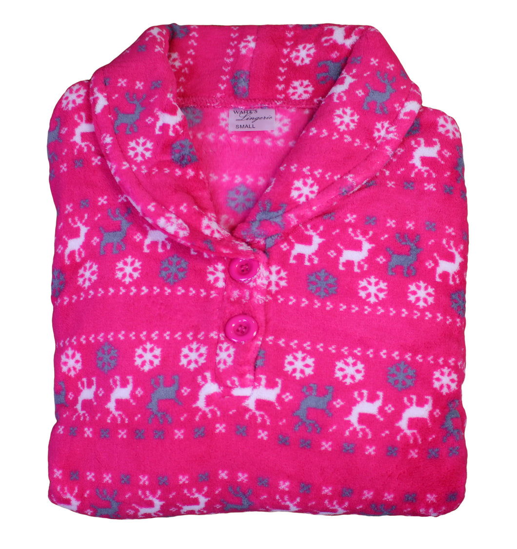 Ladies Soft Fleece Fairisle & Reindeer Pattern Pyjamas (Fuchsia or Silver)