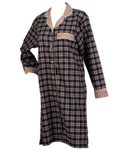 Load image into Gallery viewer, Ladies 100% Cotton Tartan Nightshirt with Flower Trim Small (Navy Blue)