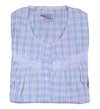 Load image into Gallery viewer, Ladies Button Through Seersucker Nightie with Floral Lace Detail (Blue or Pink)