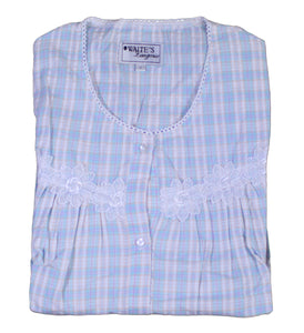 Ladies Button Through Seersucker Nightie with Floral Lace Detail (Blue or Pink)