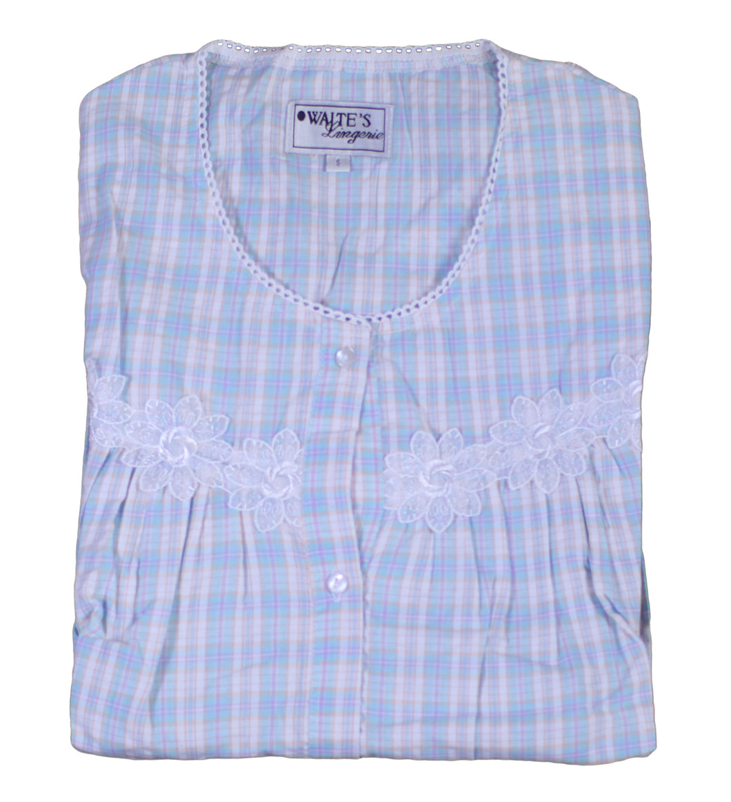 Ladies Button Through Seersucker Nightie with Floral Lace Detail (Blue or Pink)