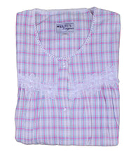Load image into Gallery viewer, Ladies Button Through Seersucker Nightie with Floral Lace Detail (Blue or Pink)