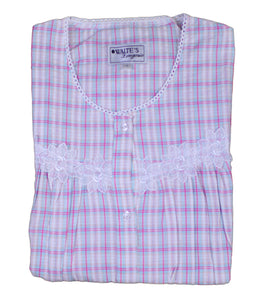 Ladies Button Through Seersucker Nightie with Floral Lace Detail (Blue or Pink)