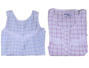 Ladies Seersucker Floral Lace Detail Pyjamas S - XL (Blue or Pink)