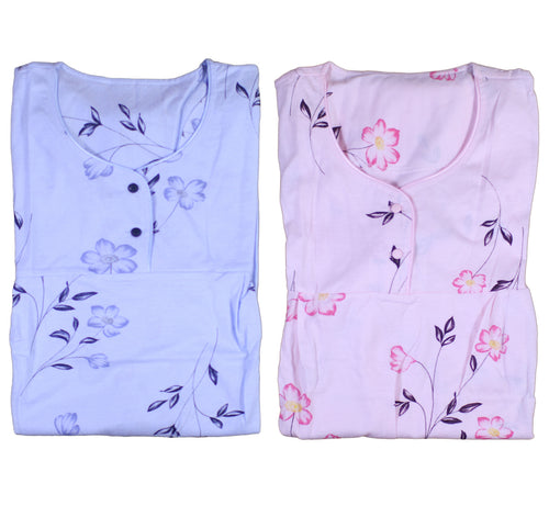 Ladies Jersey Cotton Floral Nightdress S - XL (Blue or Pink)