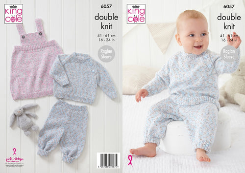 King Cole Knitting Pattern – Baby Sweater, Pinafore Dress & Pants (6057)