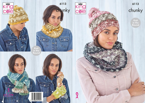 King Cole Chunky Knitting Pattern - Ladies Hats, Snoods, Scarf & Gloves (6113)