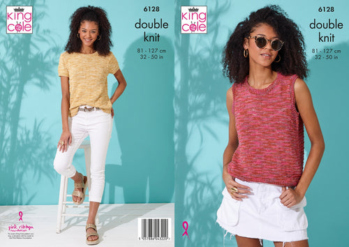 King Cole Double Knitting Pattern - Ladies Short Sleeve & Vest Top (6128)