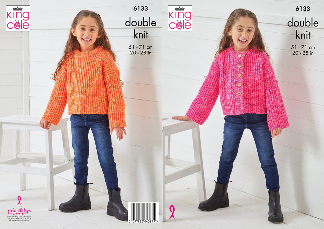 King Cole Double Knitting Pattern - Childrens Sweater & Cardigan (6133)
