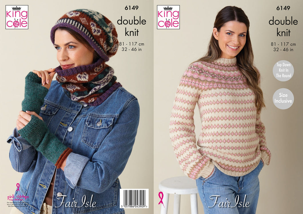 King Cole DK Knitting Pattern Womens ‘Knit in the Round’ Fair Isle Sweater 6149