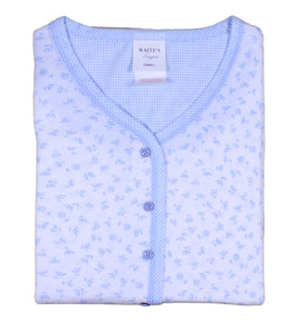 Ladies Jersey Cotton Pyjamas - Floral Top & Checked 3/4 Bottoms (Blue or Pink)