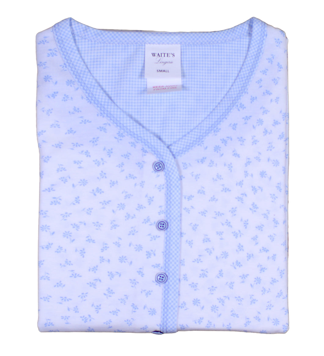 Ladies Jersey Cotton Pyjamas - Floral Top & Checked 3/4 Bottoms (Blue or Pink)