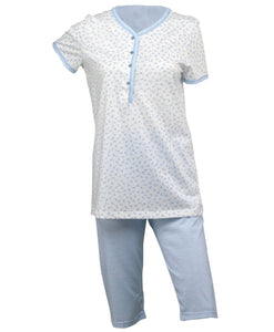 Ladies Jersey Cotton Pyjamas - Floral Top & Checked 3/4 Bottoms (Blue or Pink)