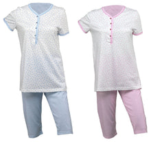 Load image into Gallery viewer, Ladies Jersey Cotton Pyjamas - Floral Top &amp; Checked 3/4 Bottoms (Blue or Pink)