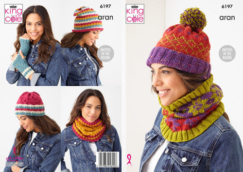 King Cole Knitting Pattern for Women’s Accessories Hats, Hand Warmers & Cowl (6197)