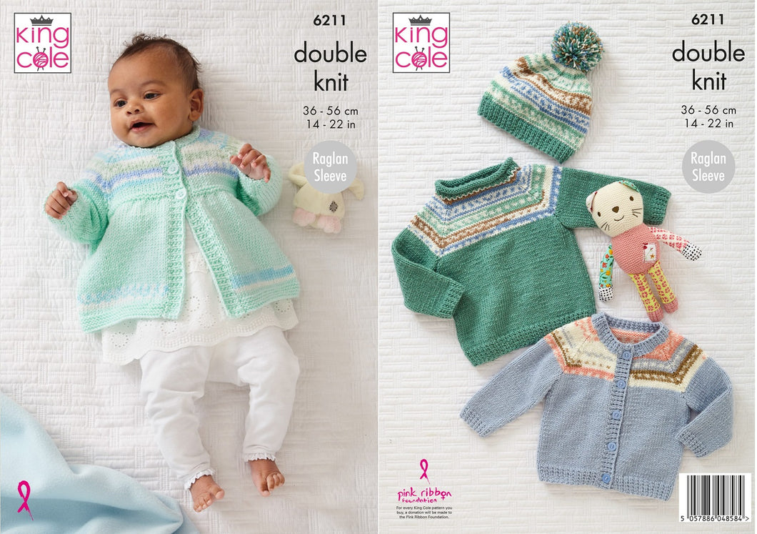 King Cole Knitting Pattern Babies Cardigan, Sweater, Matinee Coat & Hat 6211