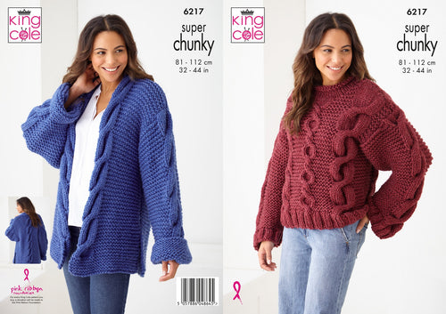 King Cole Knitting Pattern Cable Super Chunky Sweater & Cardigan 6217