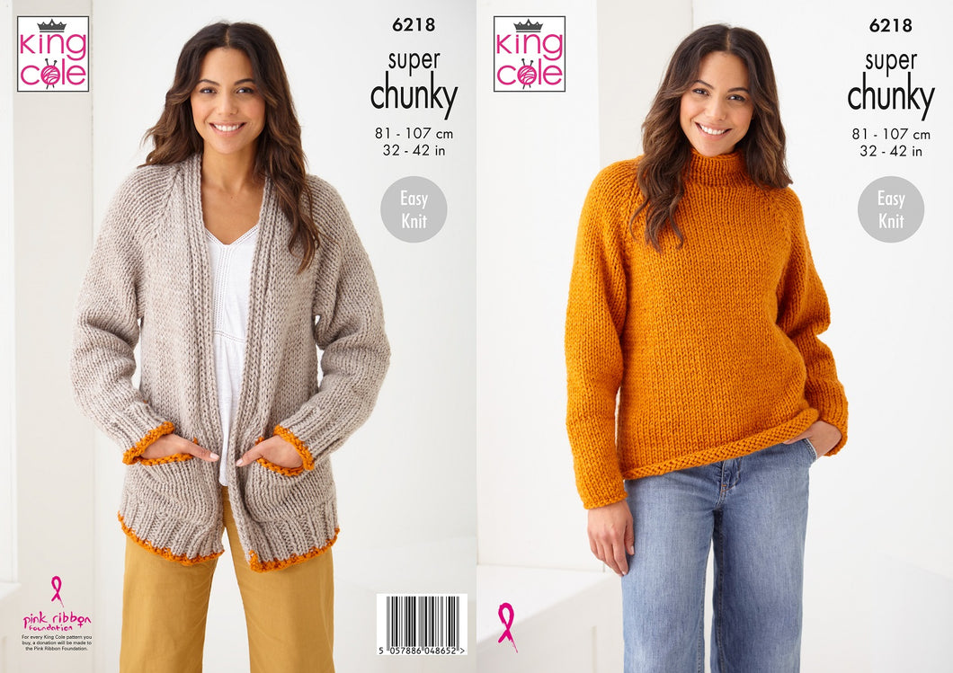 King Cole 'Easy Knit' Ladies Sweater & Cardigan Knitting Pattern 6218 - Super Chunky