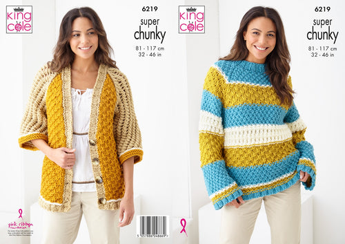 King Cole Knitting Pattern Cable Super Chunky Sweater & Cardigan 6219