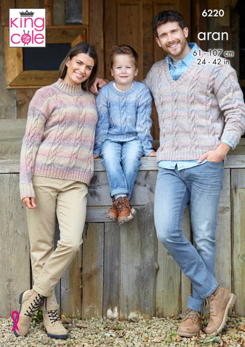 King Cole Aran Knitting Pattern - Family Cable Knit Sweaters (6220)