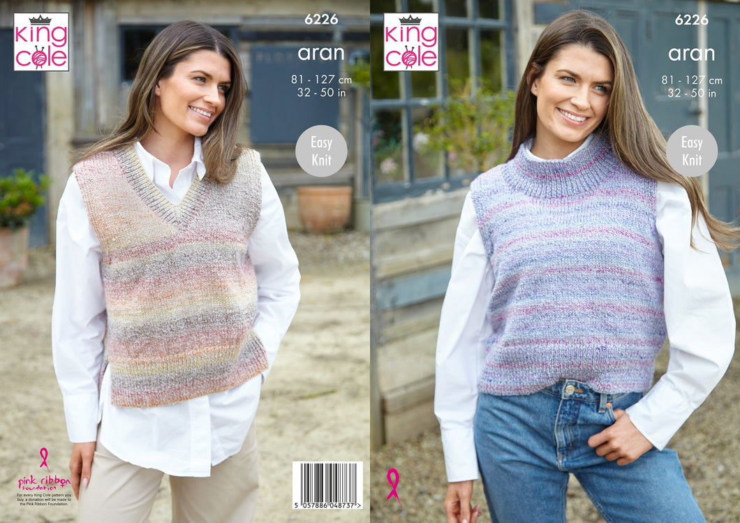 King Cole Aran Knitting Pattern Women’s Roll or V-Neck Vests (6226)