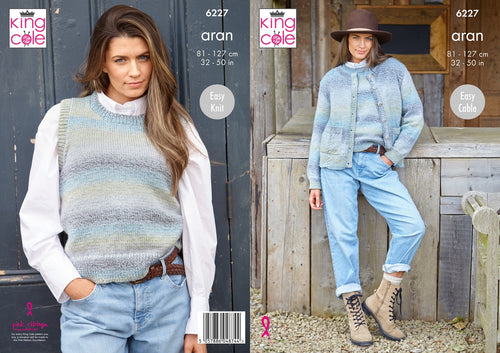 King Cole Aran Knitting Pattern Women’s Cardigan & Vest 6227
