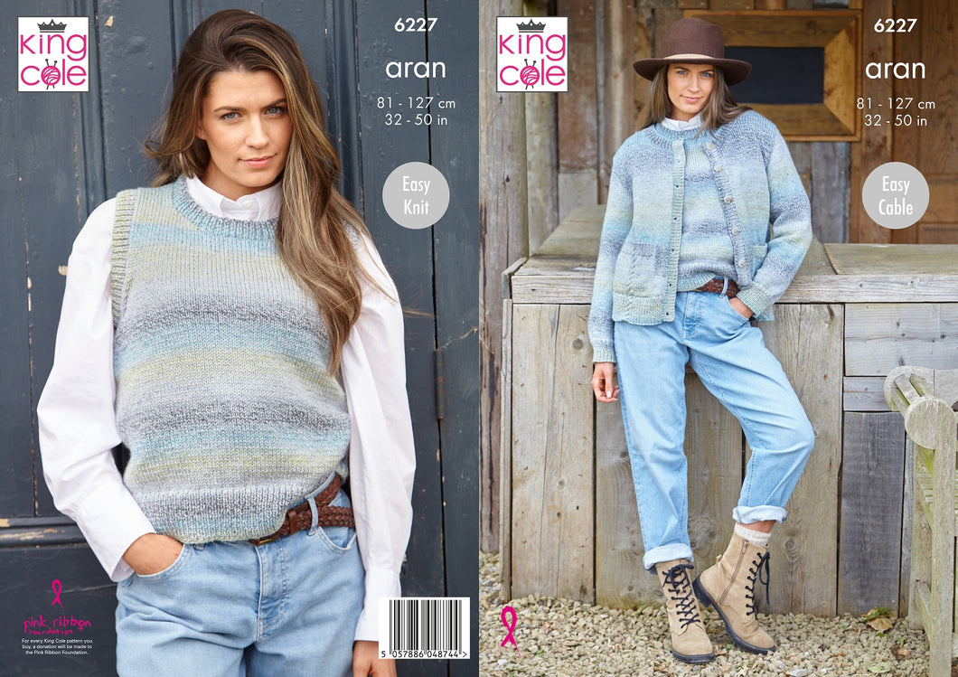 King Cole Aran Knitting Pattern Women’s Cardigan & Vest 6227