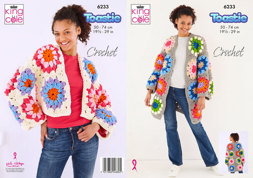 King Cole Cropped or Long Granny Square Cardigan Crochet Pattern (6233)