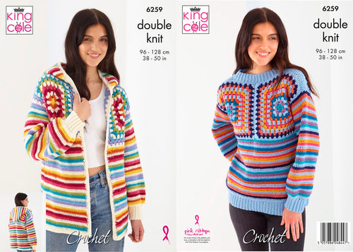King Cole Double Knit Crochet Pattern Granny Square Hoodie & Jumper 6259