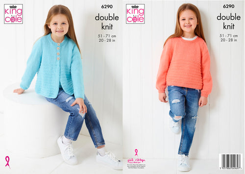 King Cole Knitting Pattern Girls Double Knit Sweater or Button Up Cardigan 6290