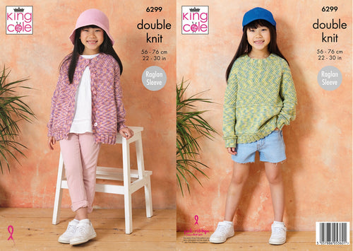 King Cole Knitting Pattern Girls Double Knit Raglan Sleeve Sweater or Cardigan 6299