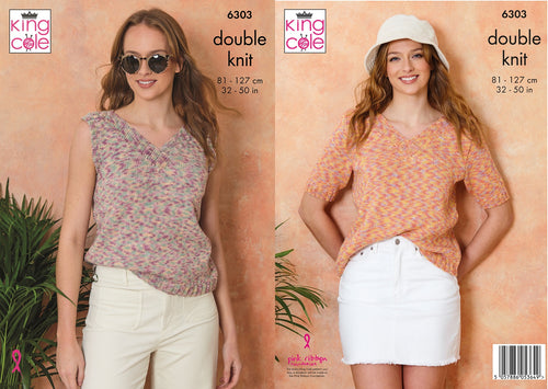 King Cole Knitting Pattern Ladies Double Knit Short Sleeve & Sleeveless Tops 6303
