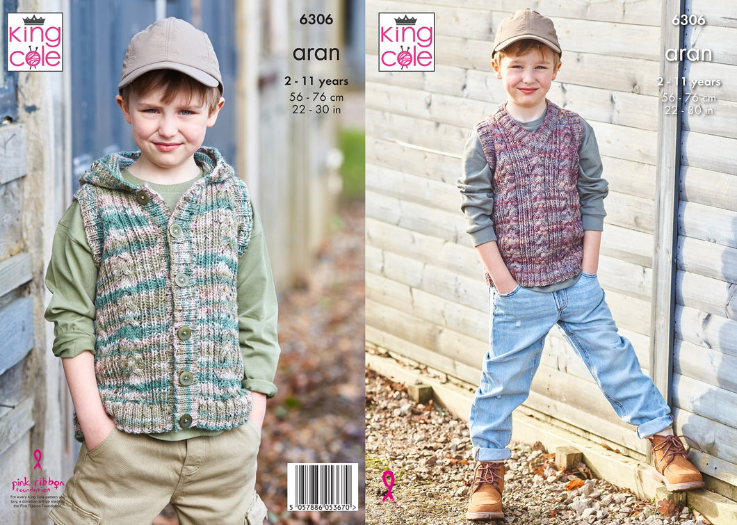 King Cole Boys Aran Knitting Pattern for Tank & Waistcoat (6306)