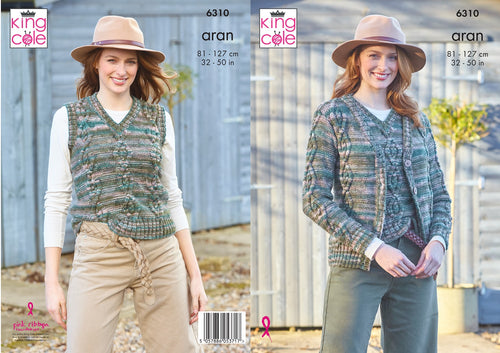King Cole Ladies Knitting Pattern Aran Cardigan & Tank Top 6310