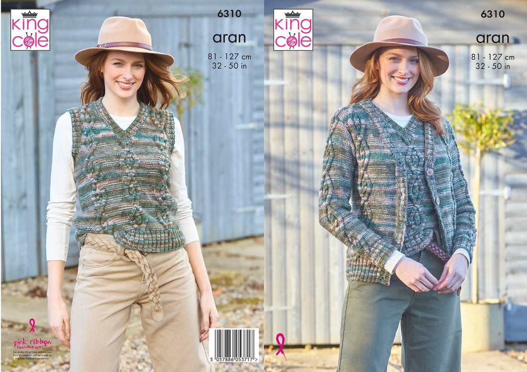 King Cole Ladies Knitting Pattern Aran Cardigan & Tank Top 6310