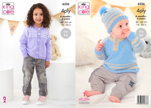 King Cole Knitting Pattern Babies & Kids 4Ply Sweater, Cardigan & Hat 6326