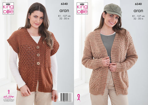 King Cole Aran Knitting Pattern Ladies Cardigan & Waistcoat 6340