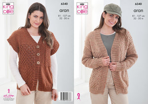 King Cole Aran Knitting Pattern Ladies Cardigan & Waistcoat 6340