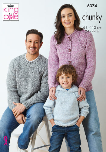King Cole Knitting Pattern Chunky Knit Ladies Mens Kids Jumper & Cardigan (6374)