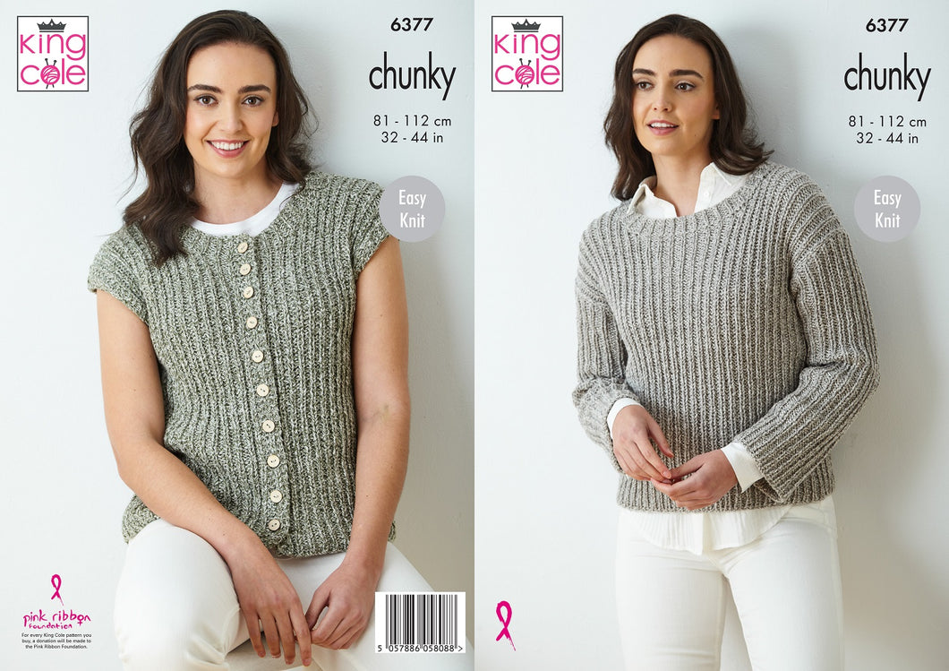 King Cole Knitting Pattern 6377 Chunky Ladies Button Up Sweater & Waistcoat