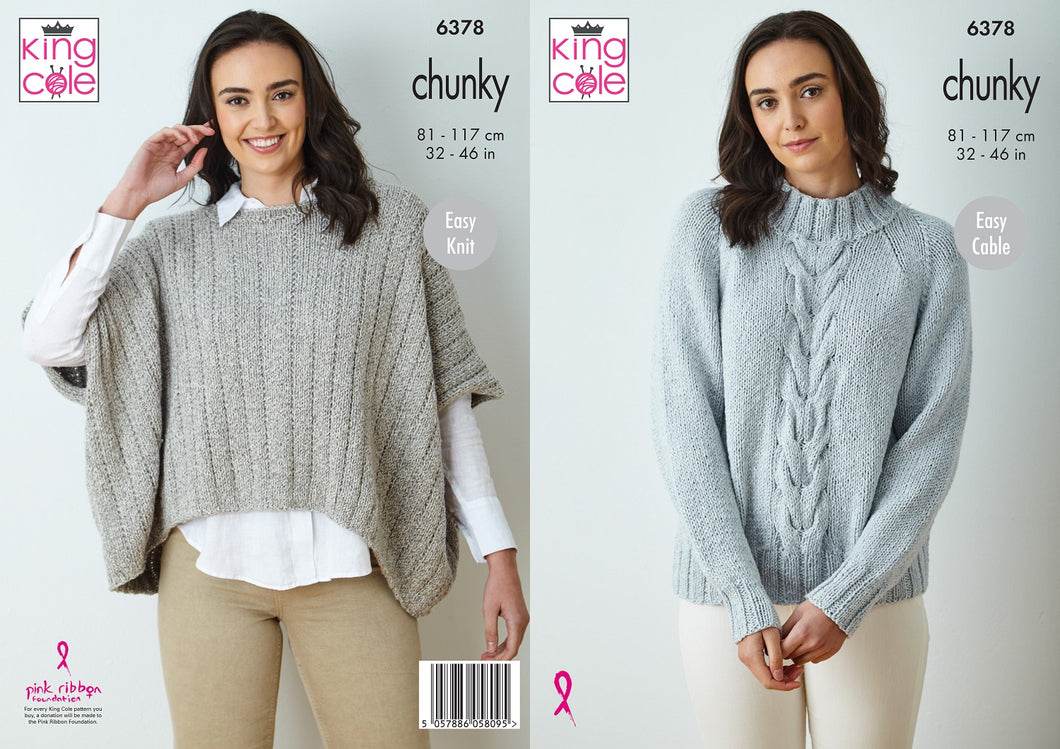 King Cole 6378 Knitting Pattern Chunky Ladies Cape Top & Cable Sweater