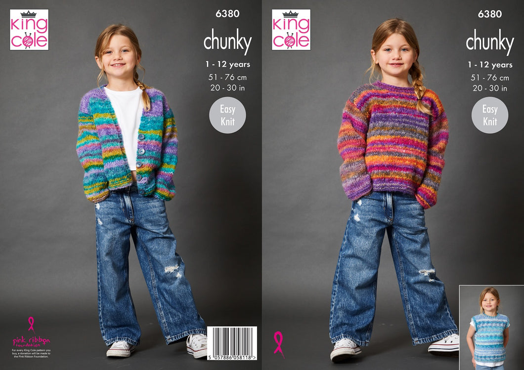 King Cole Chunky Knitting Pattern Girl’s Sweater, Cardigan & Tank Top 6380
